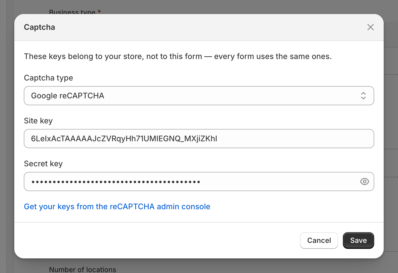 The Captcha dialog with Google reCAPTCHA chosen, a site key, a hidden secret key and a link to the reCAPTCHA admin console.