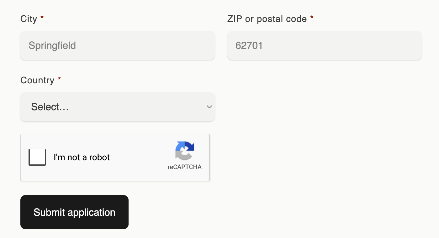The last page of the wholesale application form with an I'm not a robot captcha box above the Submit application button.