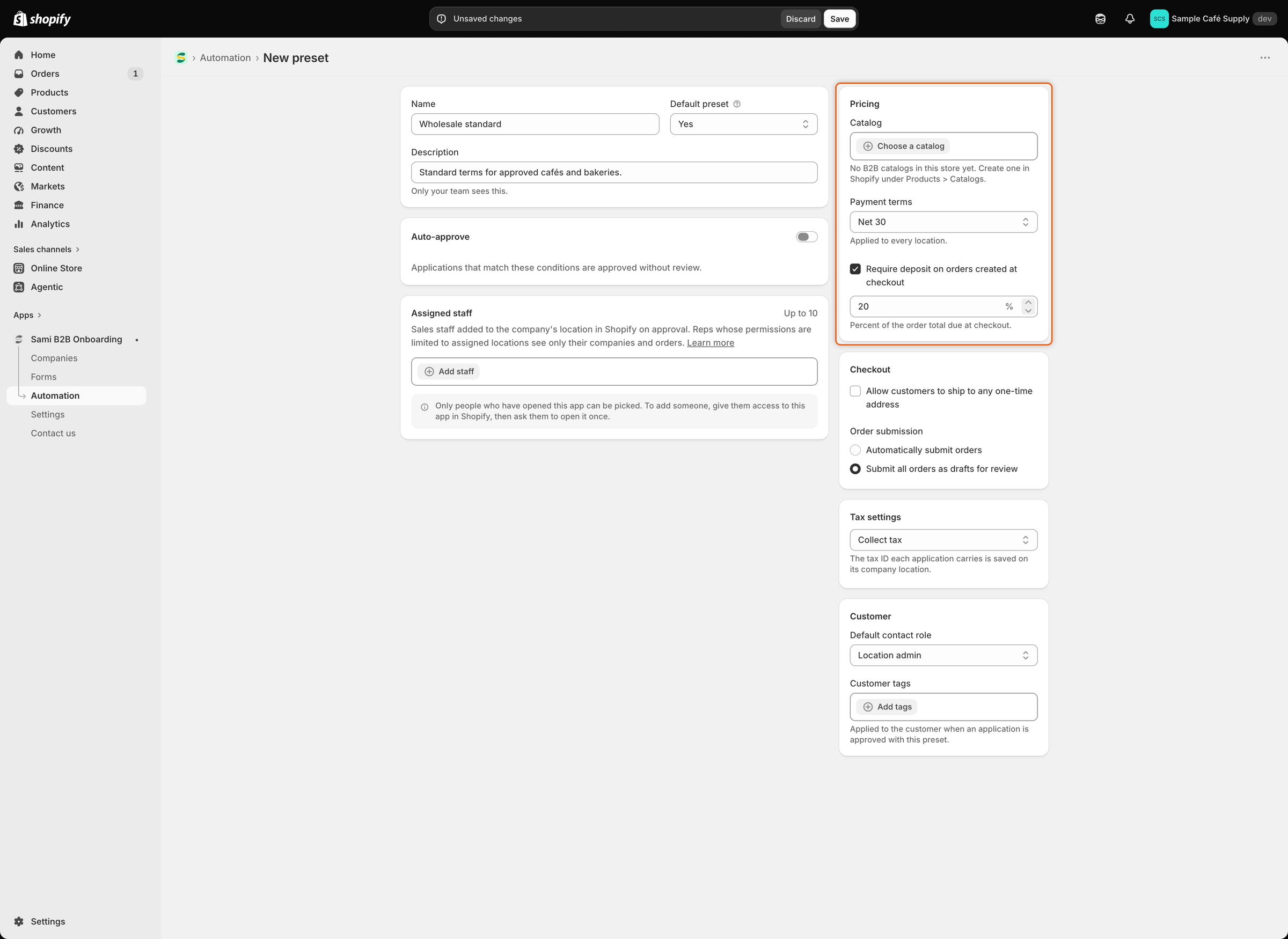 The New preset page for Wholesale standard, with the Pricing card showing no catalog yet, Net 30 payment terms and a 20% deposit, above the Checkout, Tax settings and Customer cards.