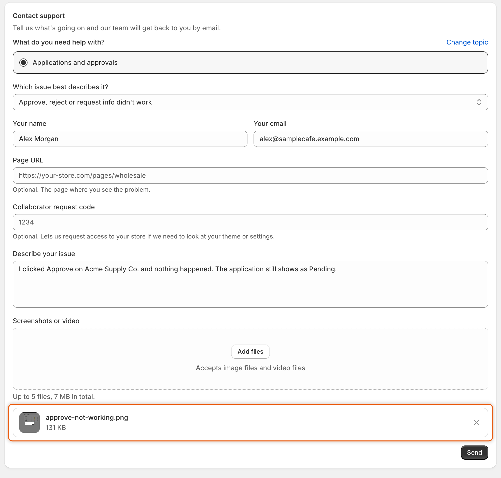 The Contact support form with Applications and approvals picked, the issue, name, email and description filled in, and one screenshot attached under Screenshots or video with its size and a remove button.