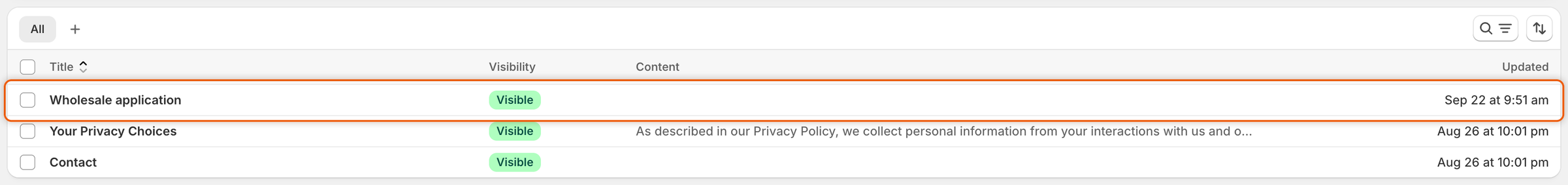 Shopify's Pages list with a visible page named Wholesale application above the store's Your Privacy Choices and Contact pages.