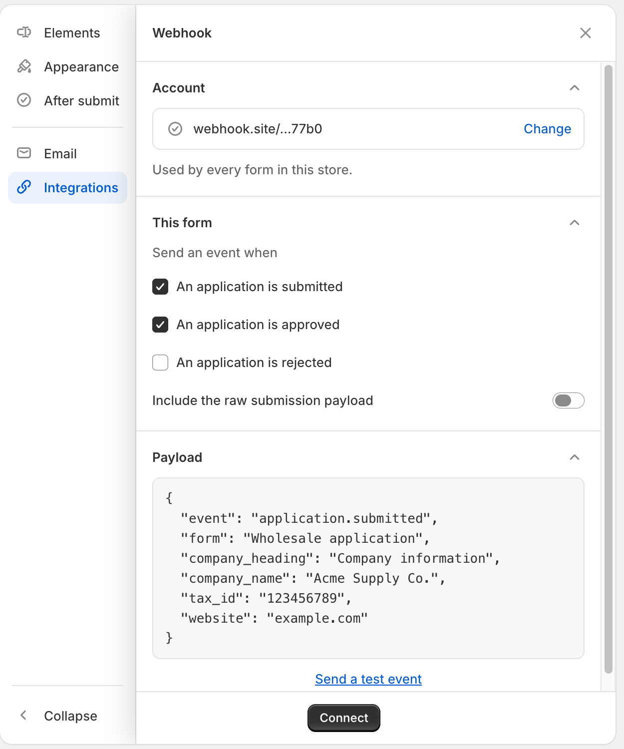 The Webhook panel with a saved webhook.site URL under Account, the events this form sends, the sample payload and the Send a test event link.