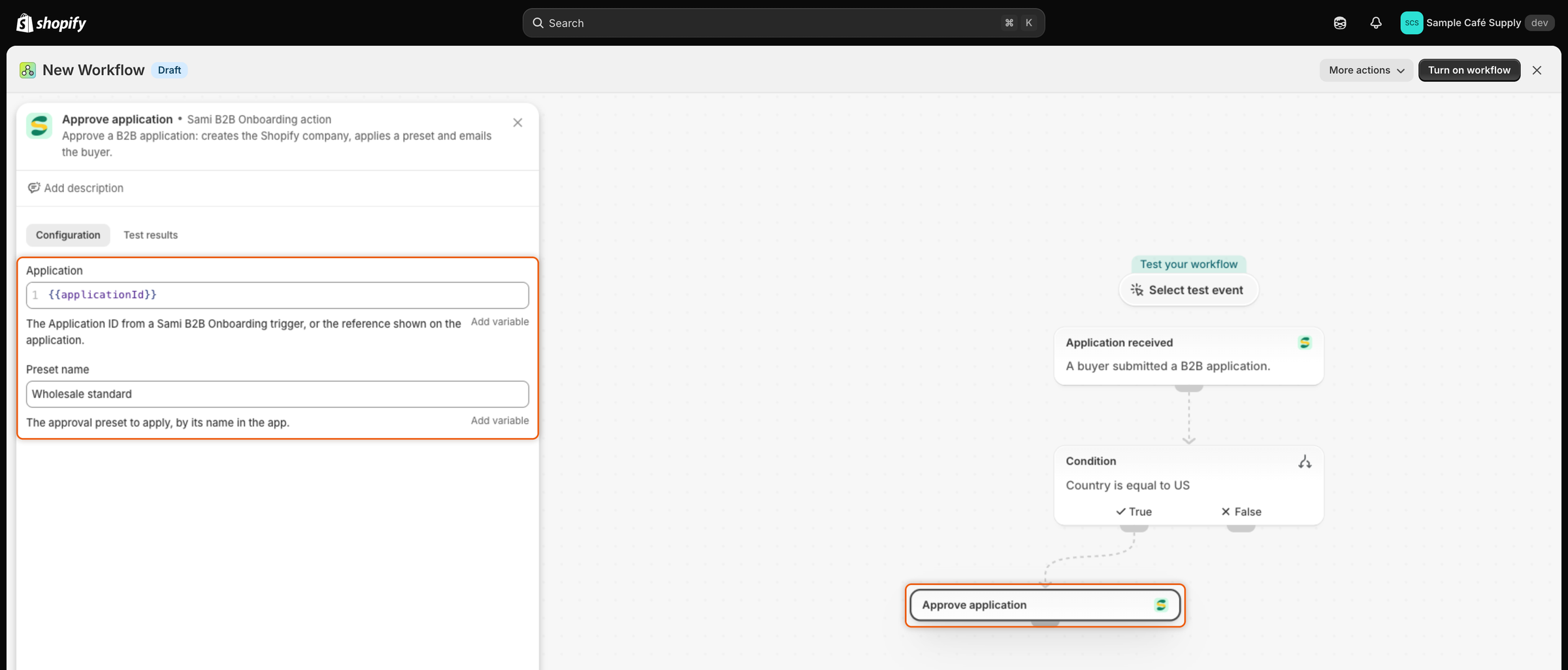 A Shopify Flow workflow that starts with Application received, checks that Country equals US, then runs Approve application with the Wholesale standard preset.