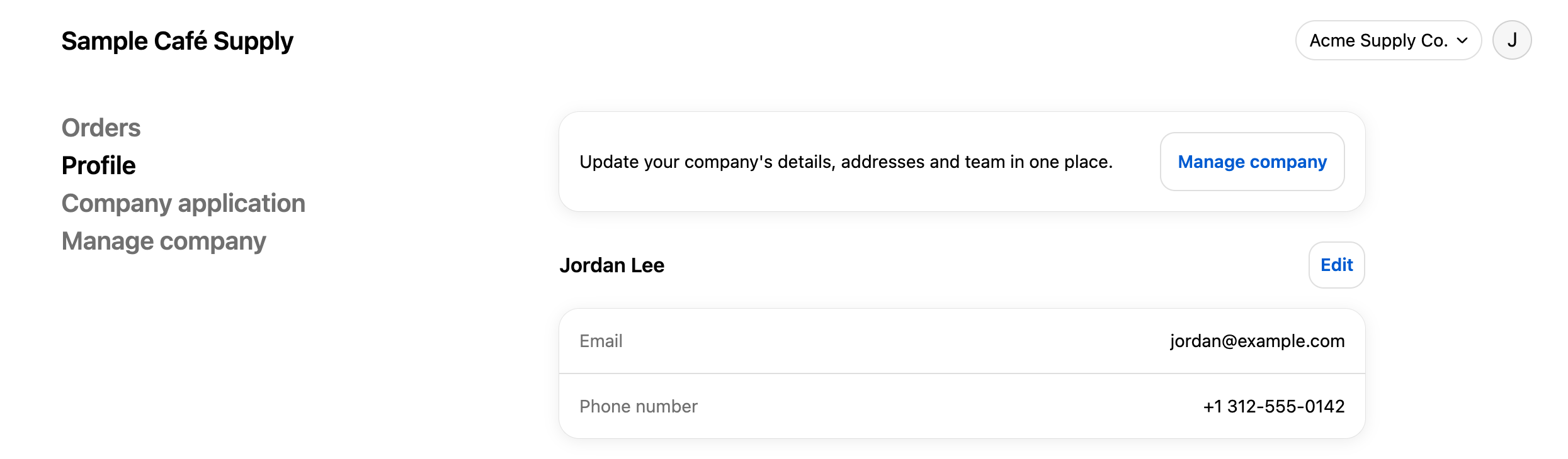 The Profile page of a customer account with a line about updating the company's details and a Manage company button.