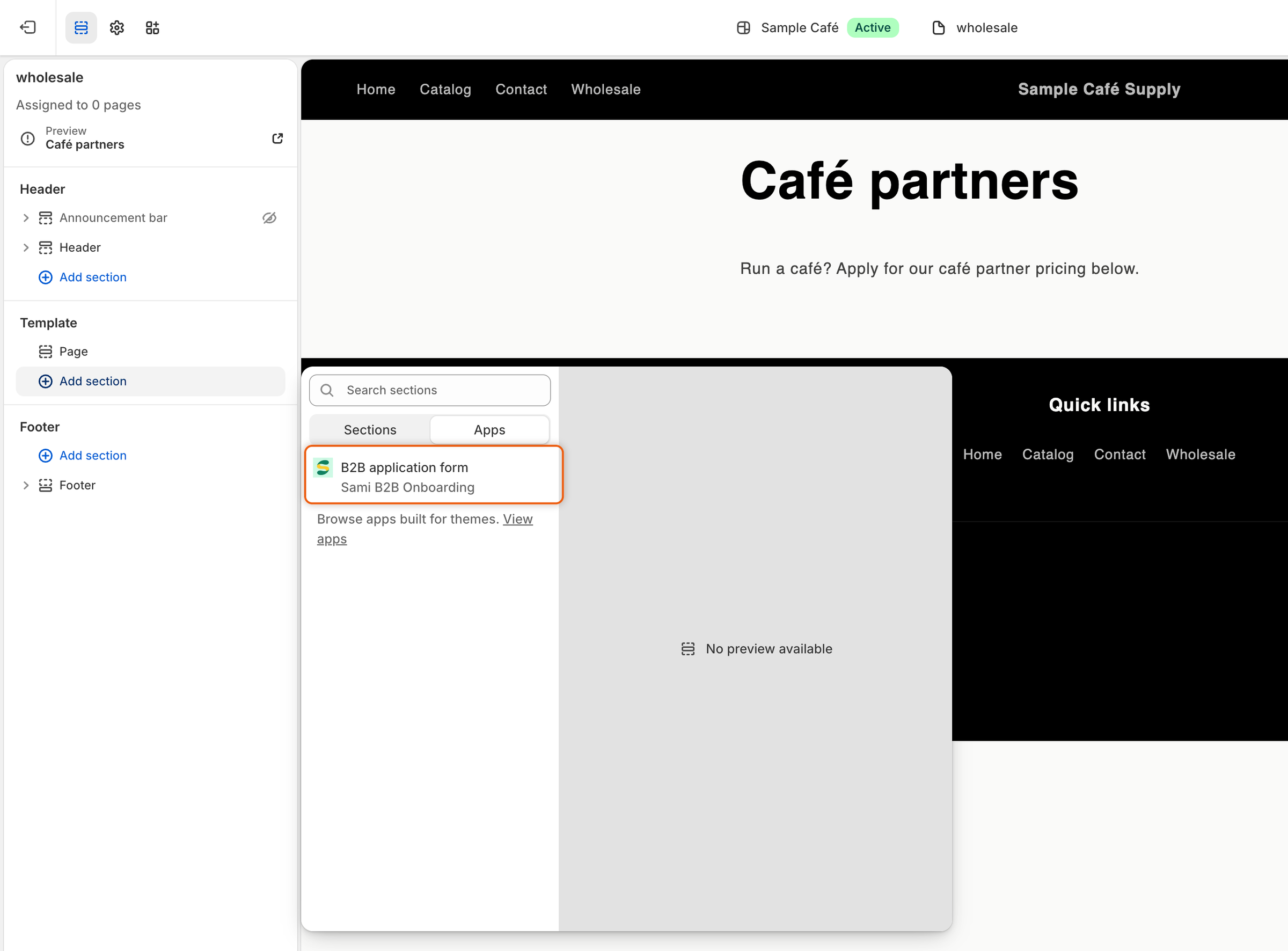 The theme editor on the wholesale page template, with the Add section panel open on the Apps tab and the B2B application form block from Sami B2B Onboarding listed.