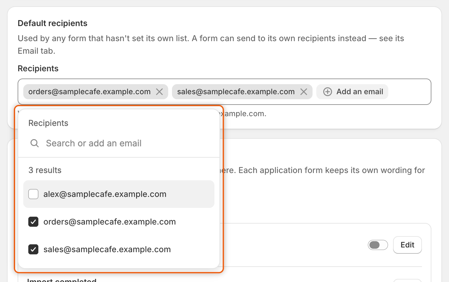 The Default recipients card with two addresses added and the Recipients list open, where team members' addresses can be ticked or a new address searched for.