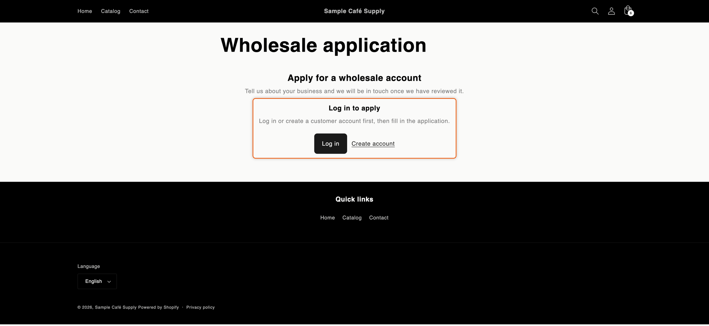 The Wholesale application page showing a Log in to apply prompt with a Log in button and a Create account link instead of the form.