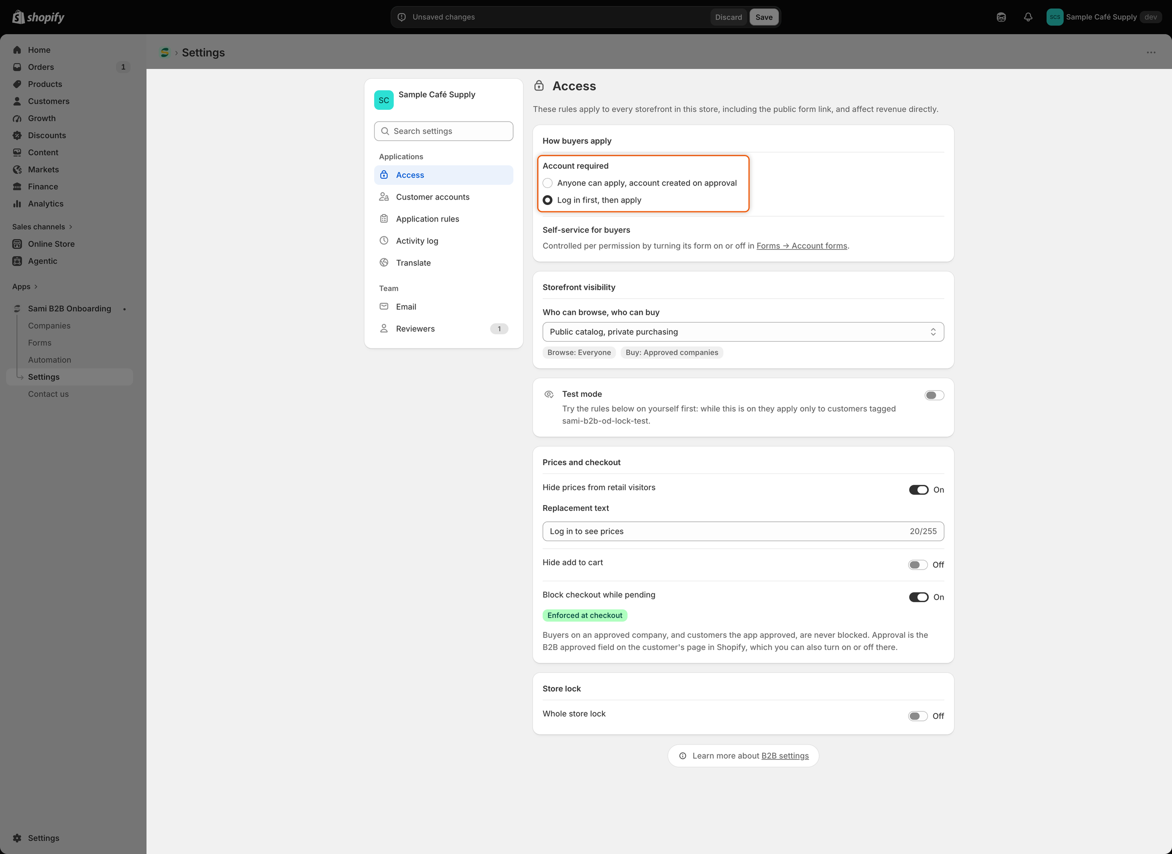 The How buyers apply section with Log in first, then apply selected under Account required.