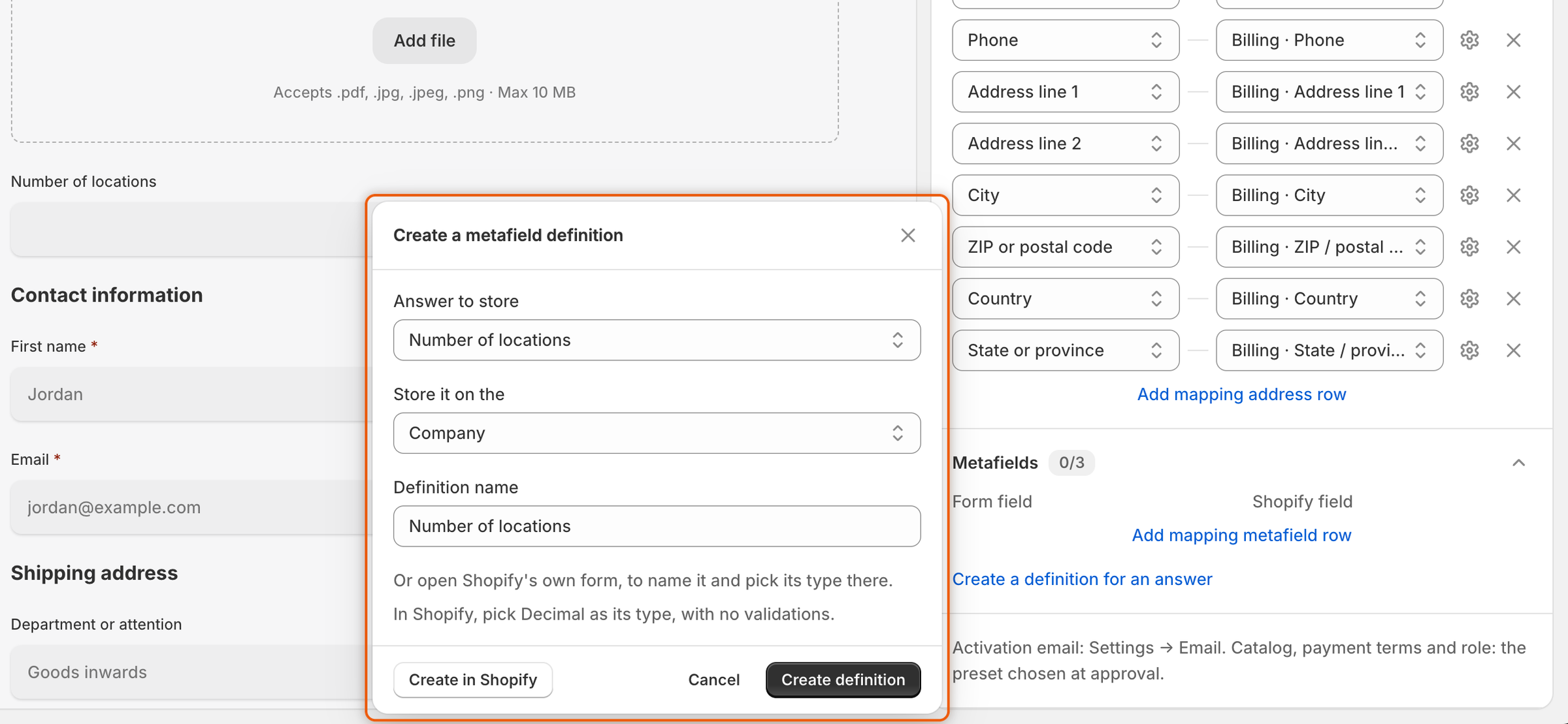 The Create a metafield definition panel set to store the Number of locations answer on the Company, named Number of locations, with Create in Shopify, Cancel and Create definition buttons.