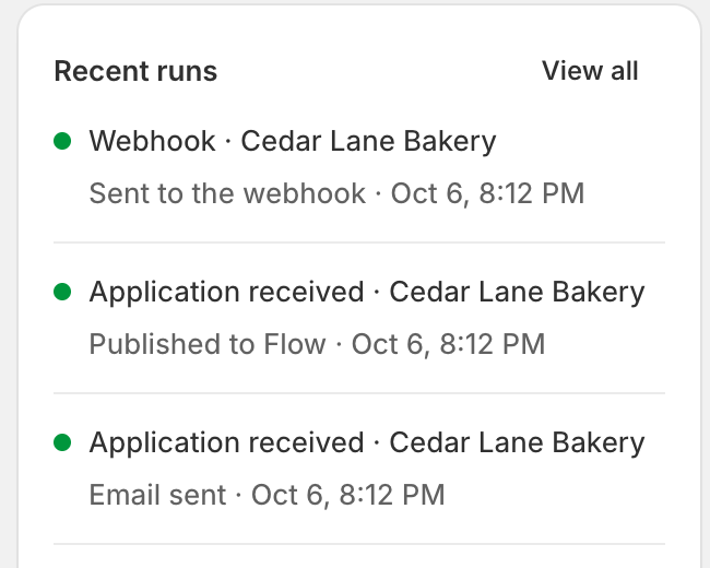 The Recent runs card on the Automations tab, with Webhook · Cedar Lane Bakery marked Sent to the webhook above the application's other runs.