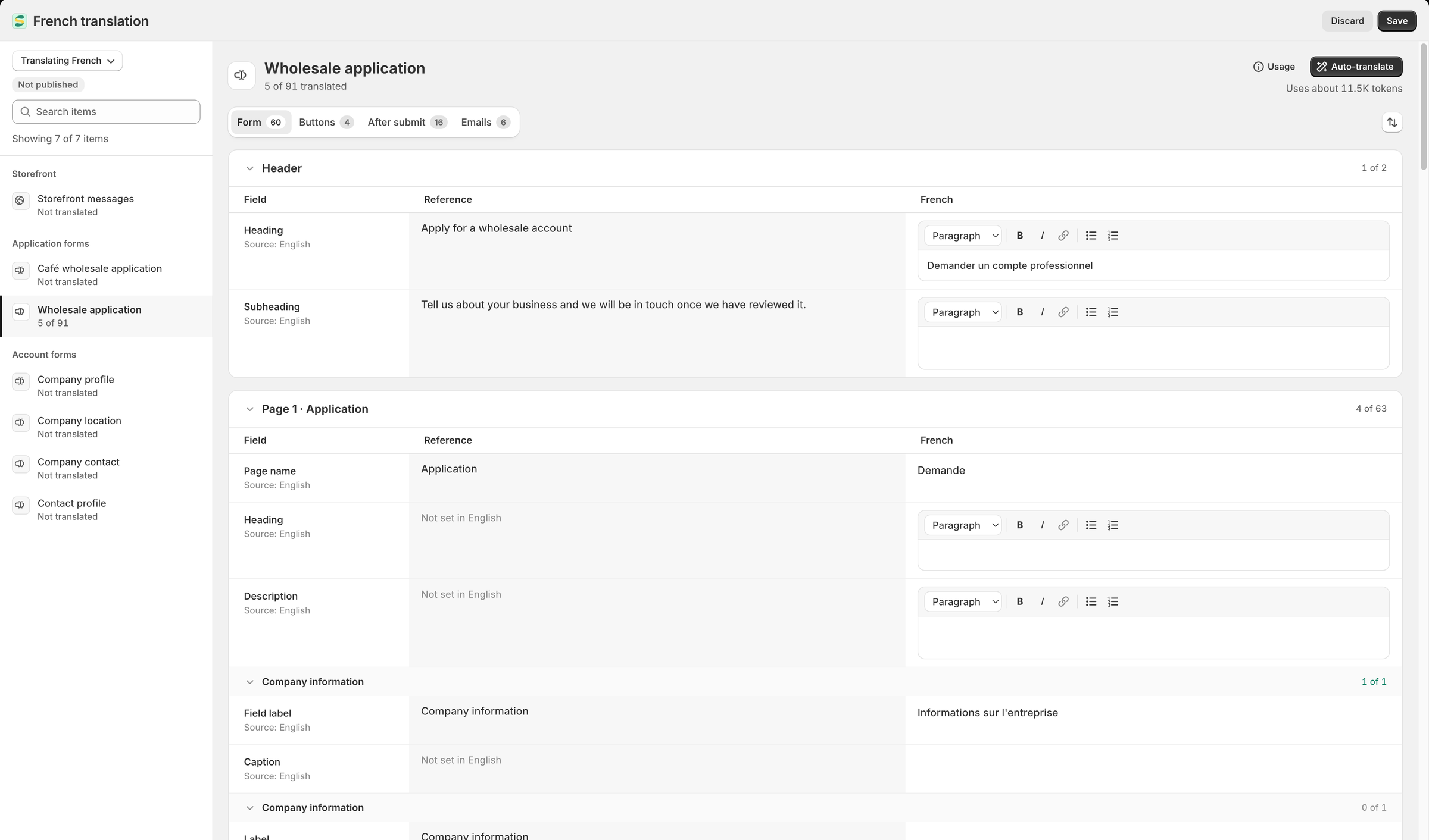 The French translation editor with Wholesale application selected and its Form tab open, showing each field's English reference text beside the French translation.