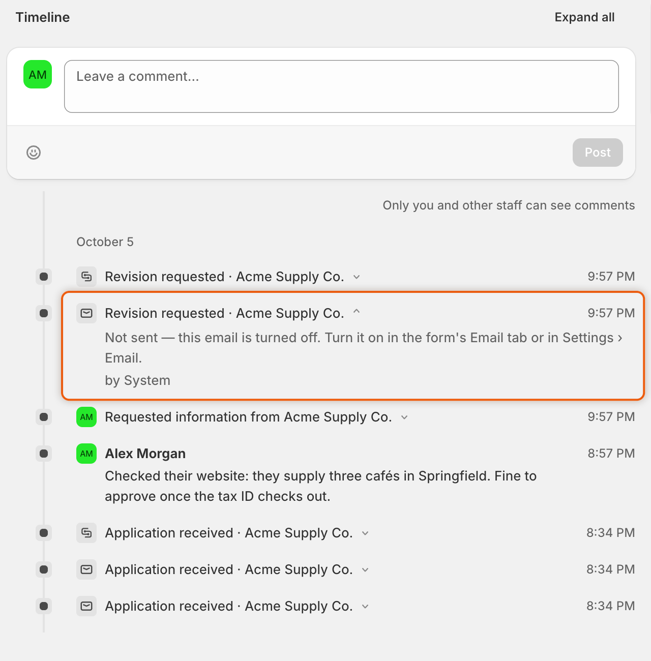 An application timeline with the Revision requested email entry opened, saying it wasn't sent because the email is turned off.