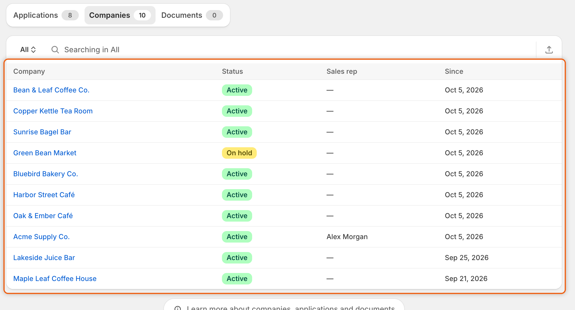 The Companies tab listing companies with Status, Sales rep and Since columns; Green Bean Market is On hold, and only Acme Supply Co. has a sales rep while the others show a dash.