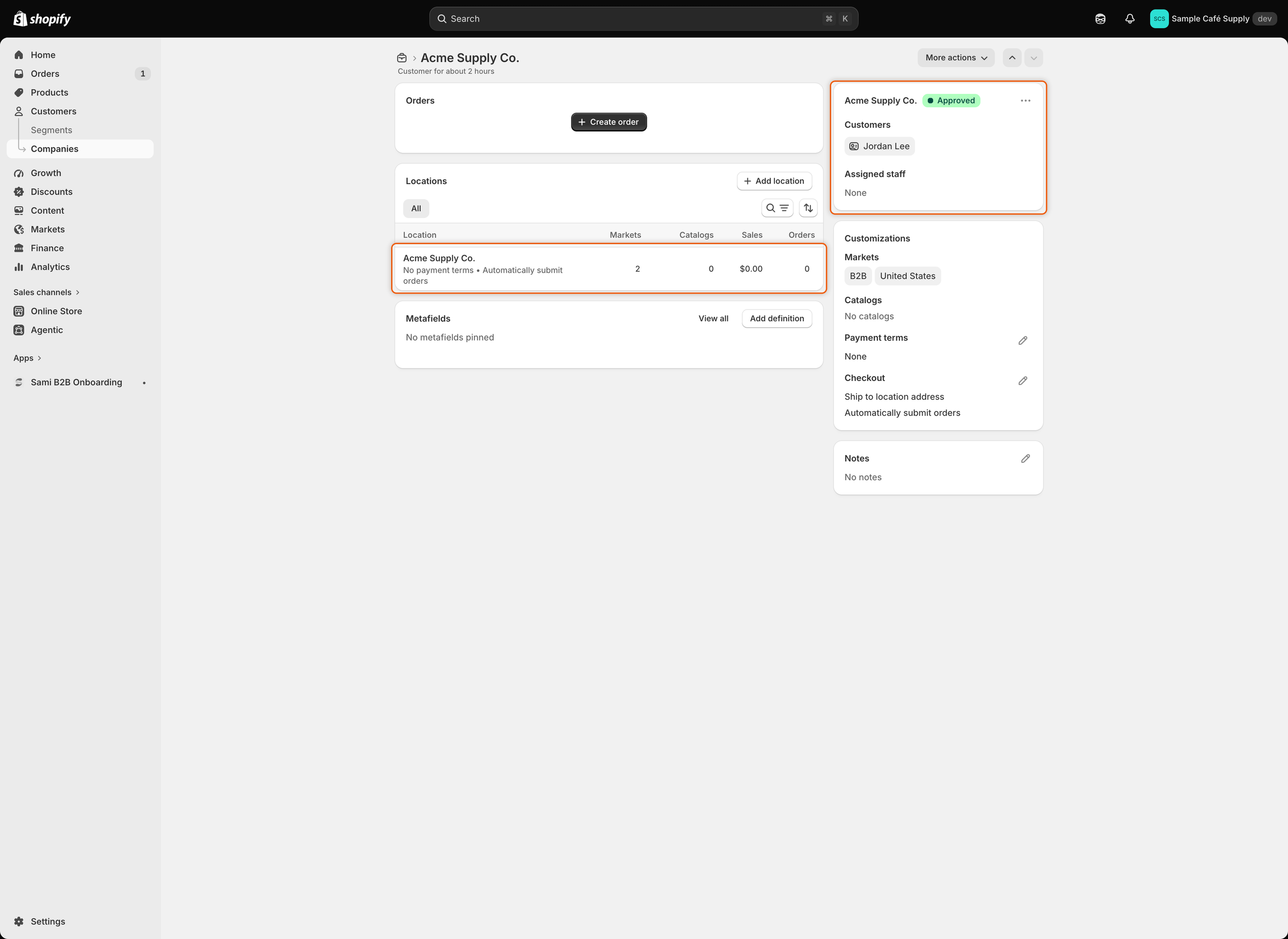 The Acme Supply Co. company page in Shopify admin, marked Approved, with Jordan Lee under Customers and one location named Acme Supply Co.