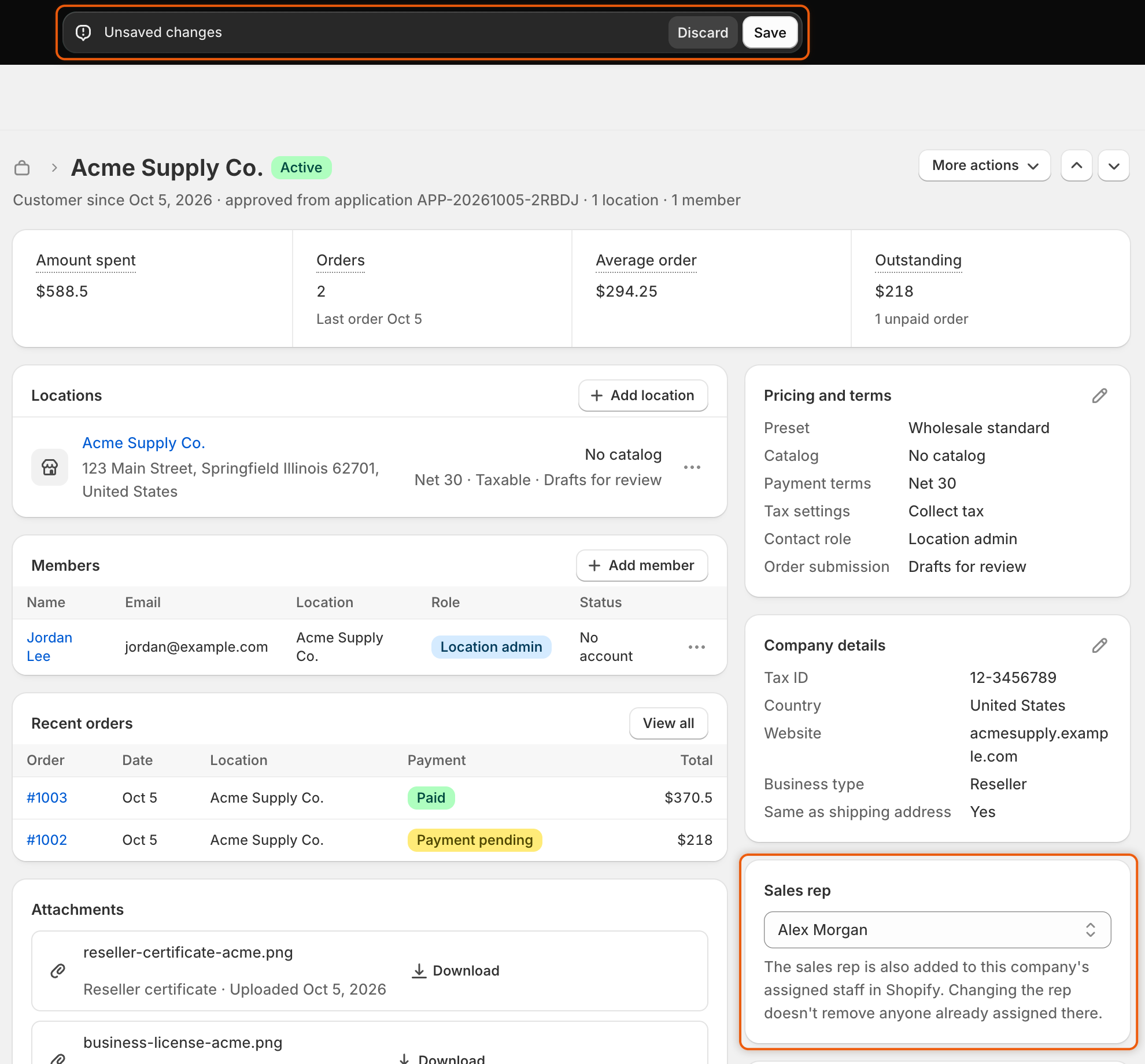 The Acme Supply Co. page with the Unsaved changes bar at the top and a team member chosen in the Sales rep card, which notes the rep is also added to the company's assigned staff in Shopify.