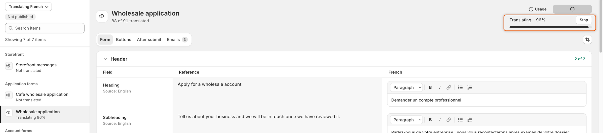 The top of the translation pane with the Usage button and a progress bar reading Translating… 96% beside a Stop button.