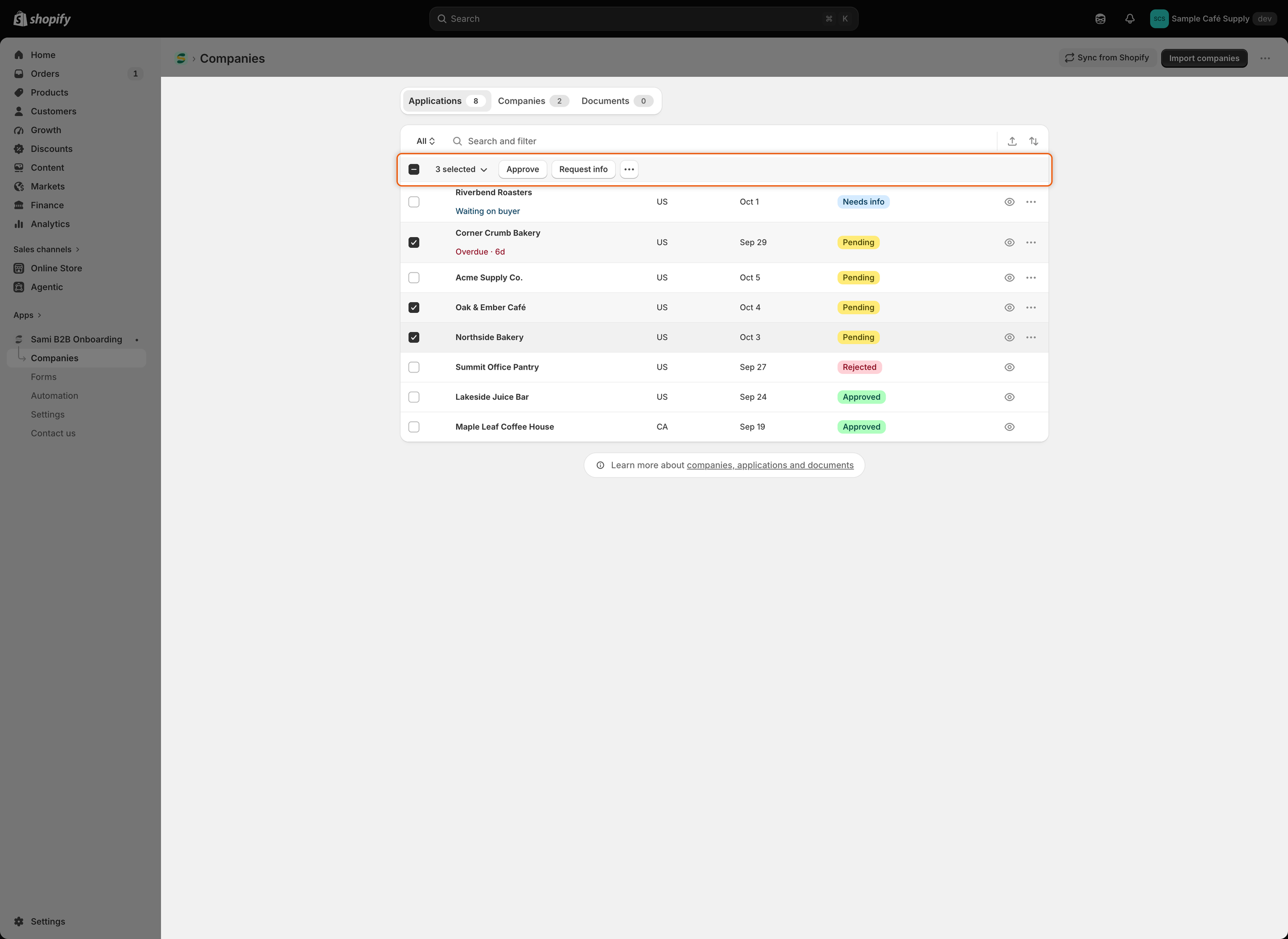 The Applications list with three rows ticked and a bar reading 3 selected with Approve, Request info and a more actions button.