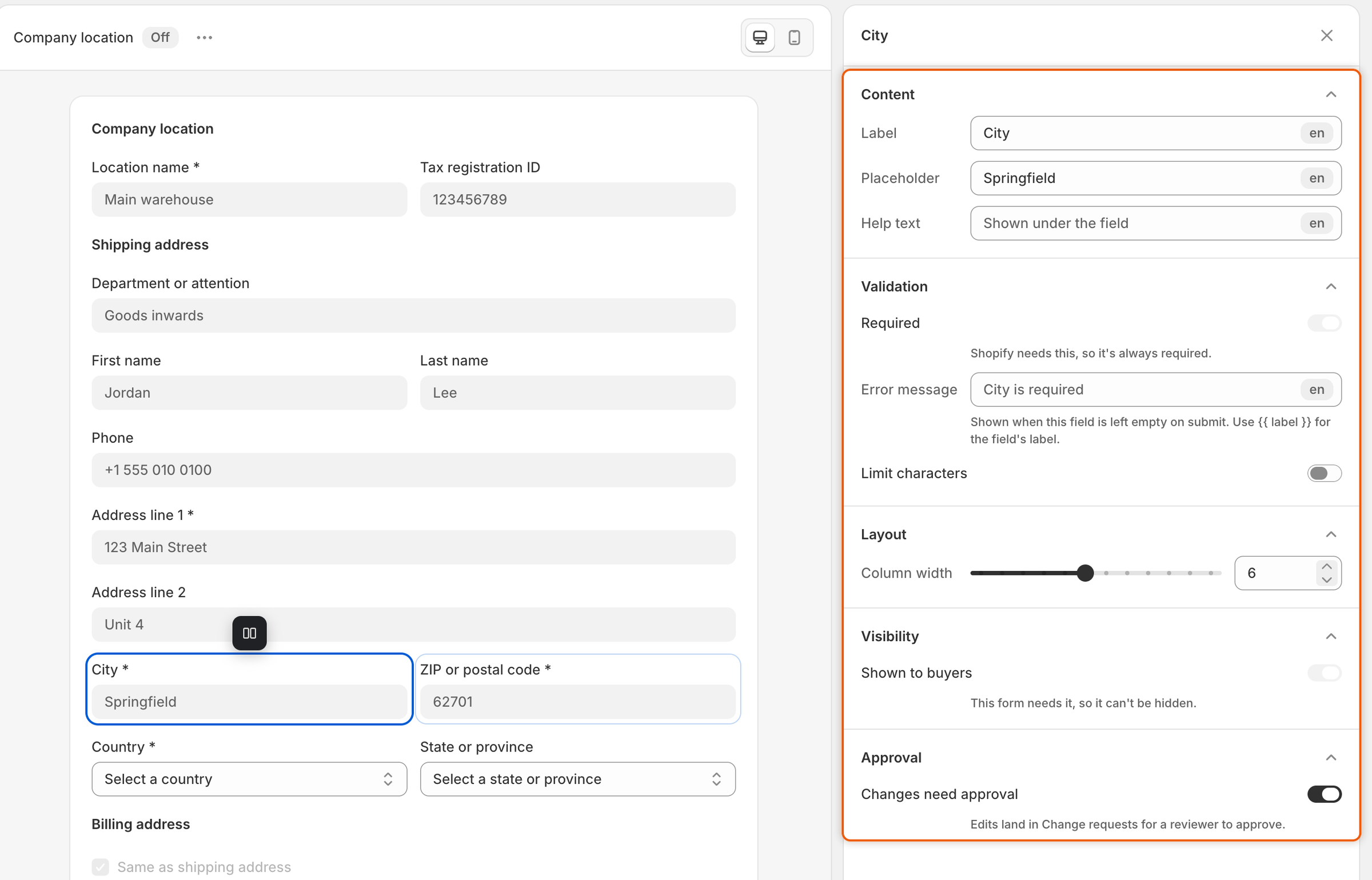 The Company location account form editor with City selected and its settings, including Shown to buyers and Changes need approval.