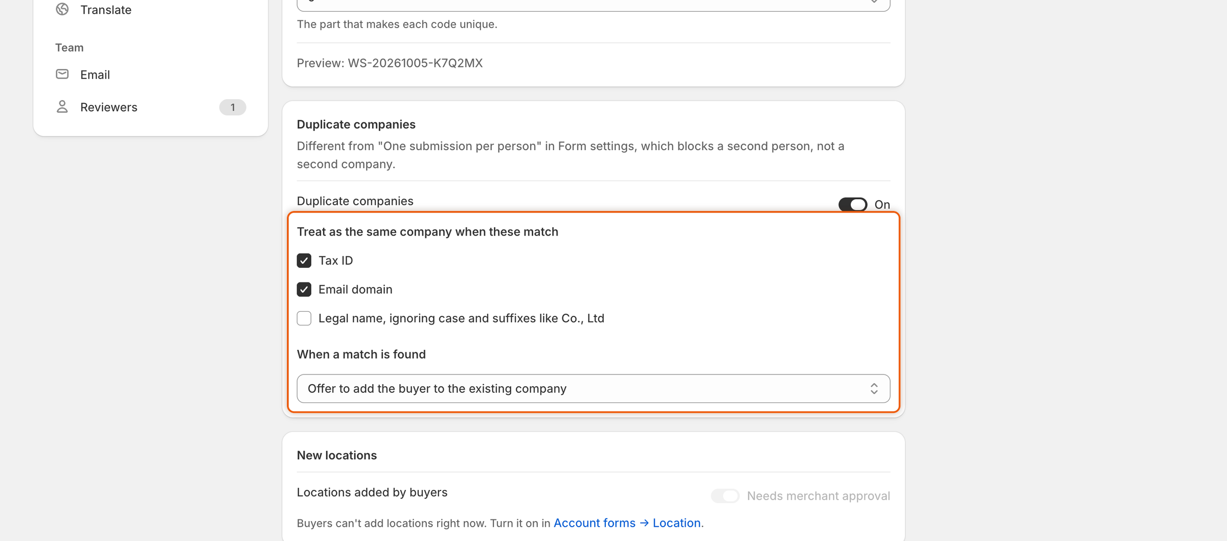 The Duplicate companies card with the switch on, the Tax ID and Email domain boxes ticked and Offer to add the buyer to the existing company selected.
