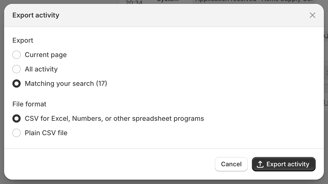 The Export activity dialog with Matching your search (17) chosen over Current page and All activity, and two file formats: CSV for spreadsheet programs or a plain CSV file.