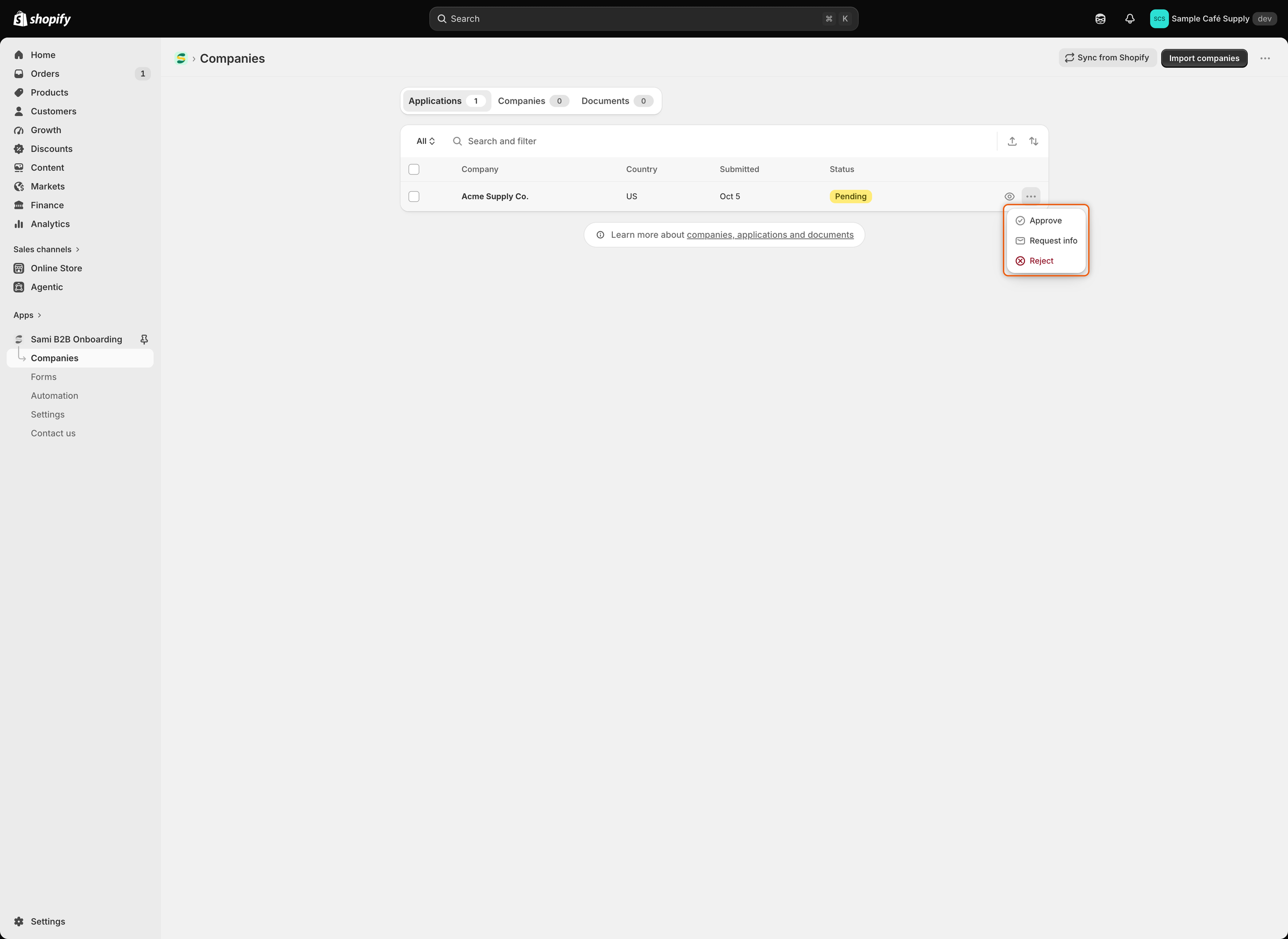 The Applications list with Acme Supply Co. in Pending and its row menu open, showing Approve, Request info and Reject.