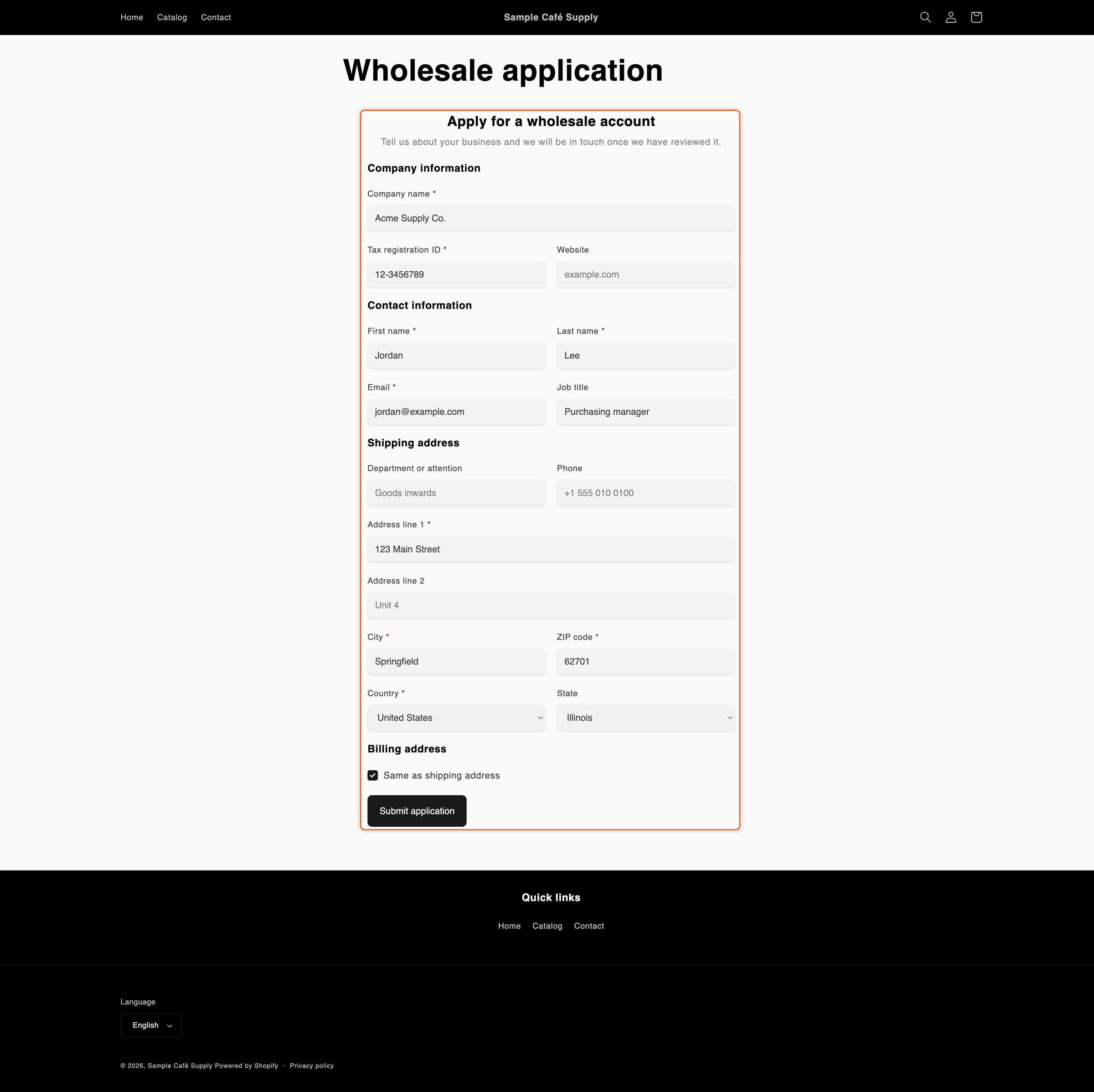 The Wholesale application page on the storefront, filled in for Acme Supply Co.