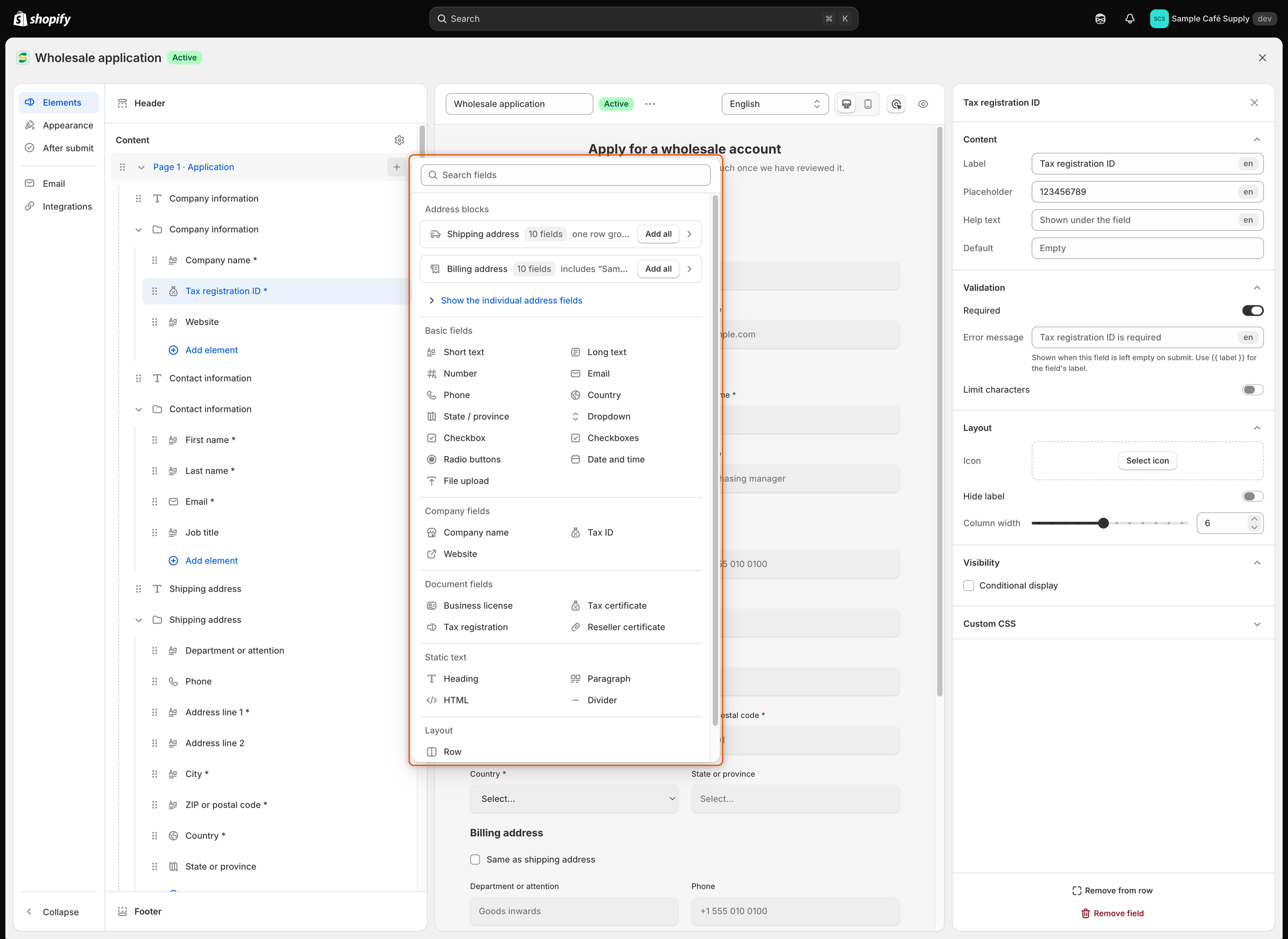 The list of fields to add, grouped into Address blocks, Basic fields, Company fields, Document fields, Static text and Layout.