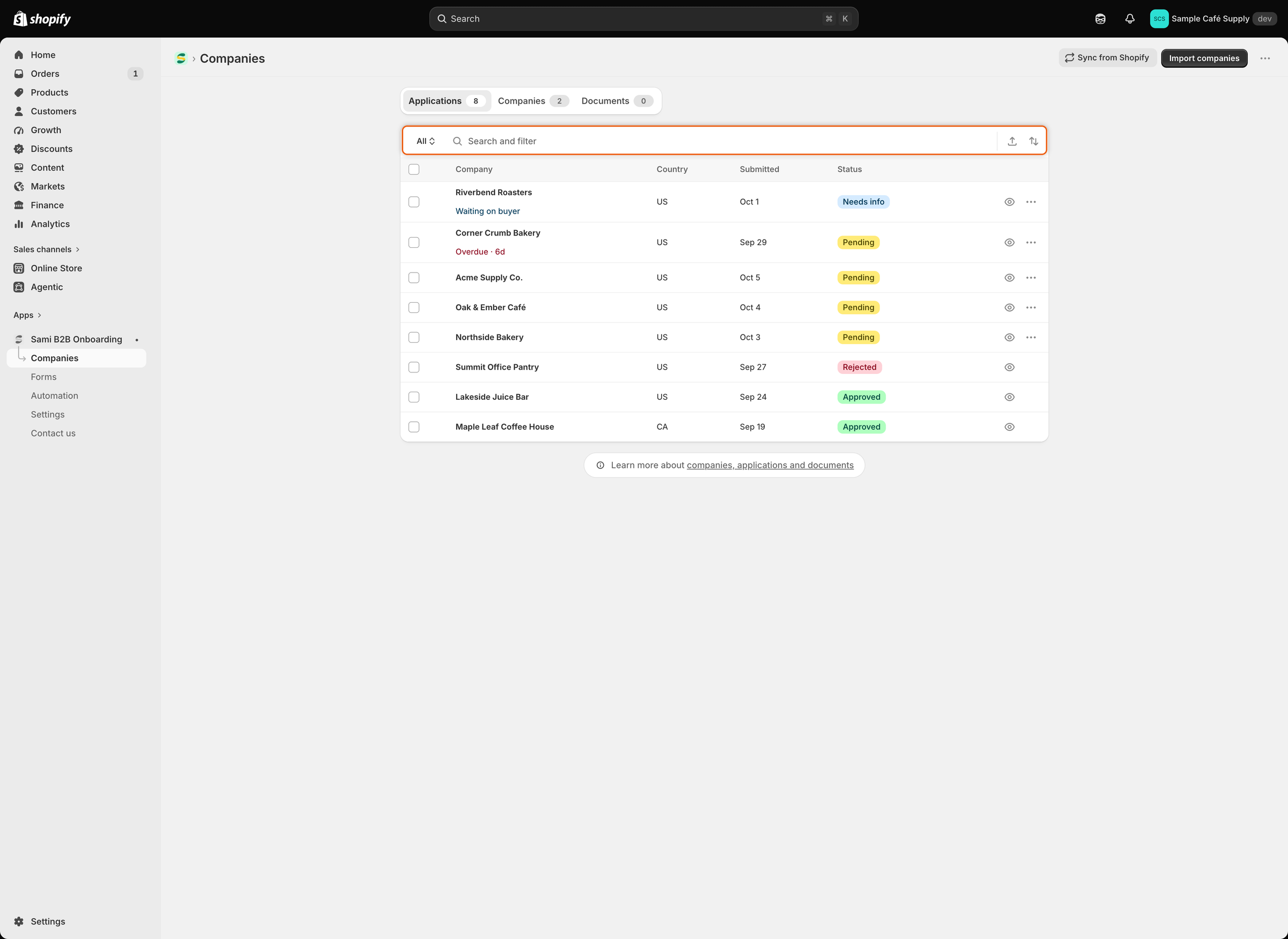 The Applications tab listing eight applications by company, country, submitted date and status, with Waiting on buyer and Overdue · 6d notes under two names, below a search bar starting with All.