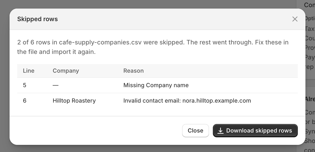 The Skipped rows dialog saying 2 of 6 rows were skipped, listing line 5 with "Missing Company name" and line 6 with a reason starting "Invalid contact email", plus a Download skipped rows button.