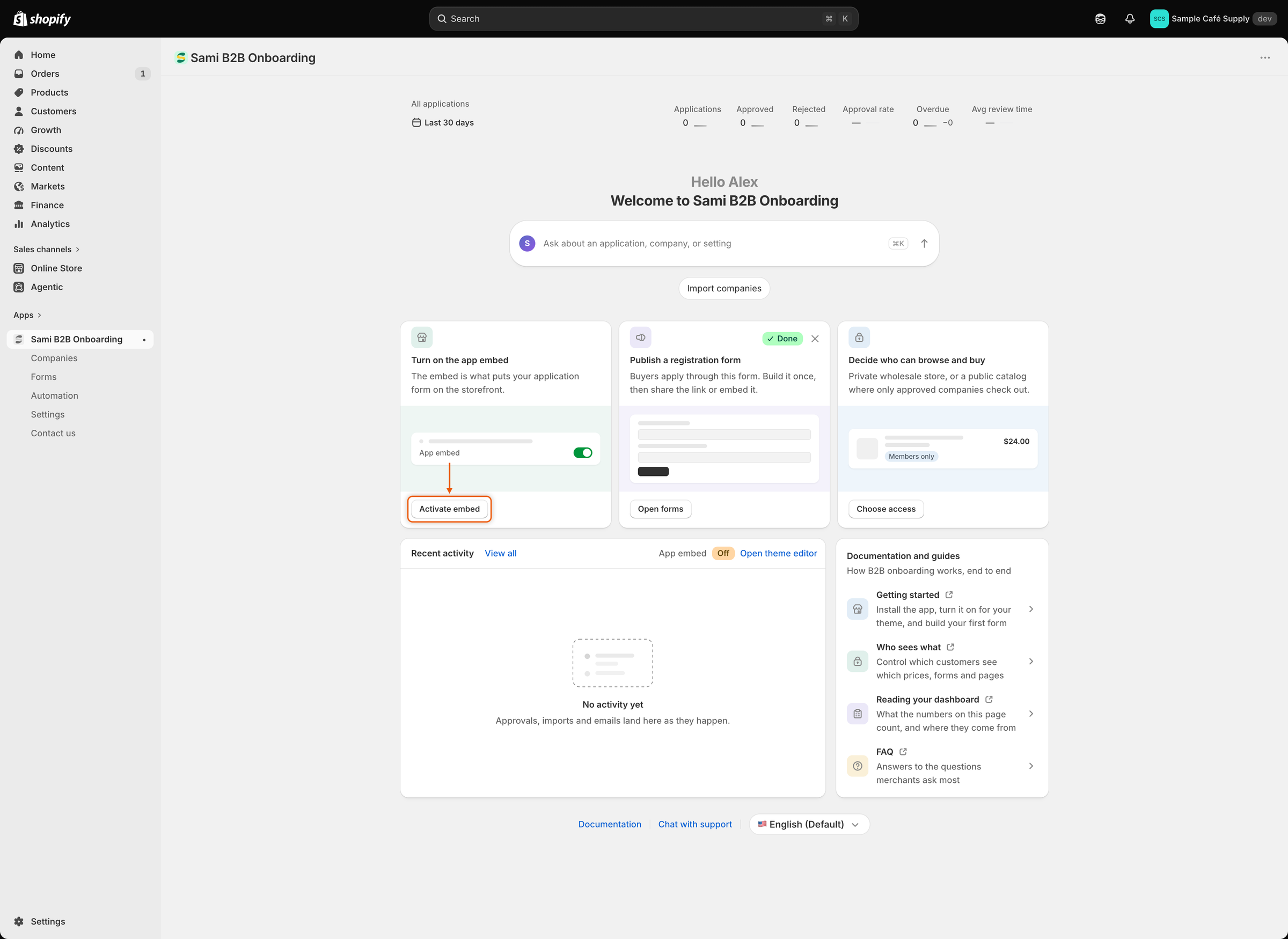 The Home page's setup cards, with the Activate embed button on the Turn on the app embed card.