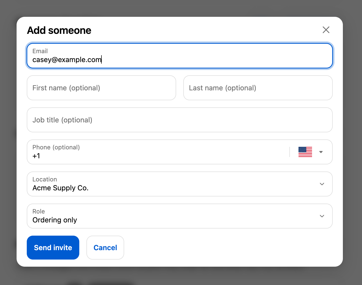 The Add someone dialog with Email, First name, Last name, Job title, Phone, Location and Role boxes and a Send invite button.